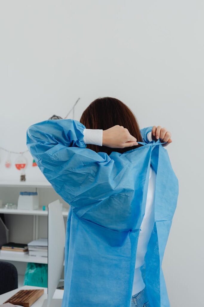 Mastering the First Impression: Your intriguing post title goes here Back view of woman in lab coat preparing for scientific research indoors.
